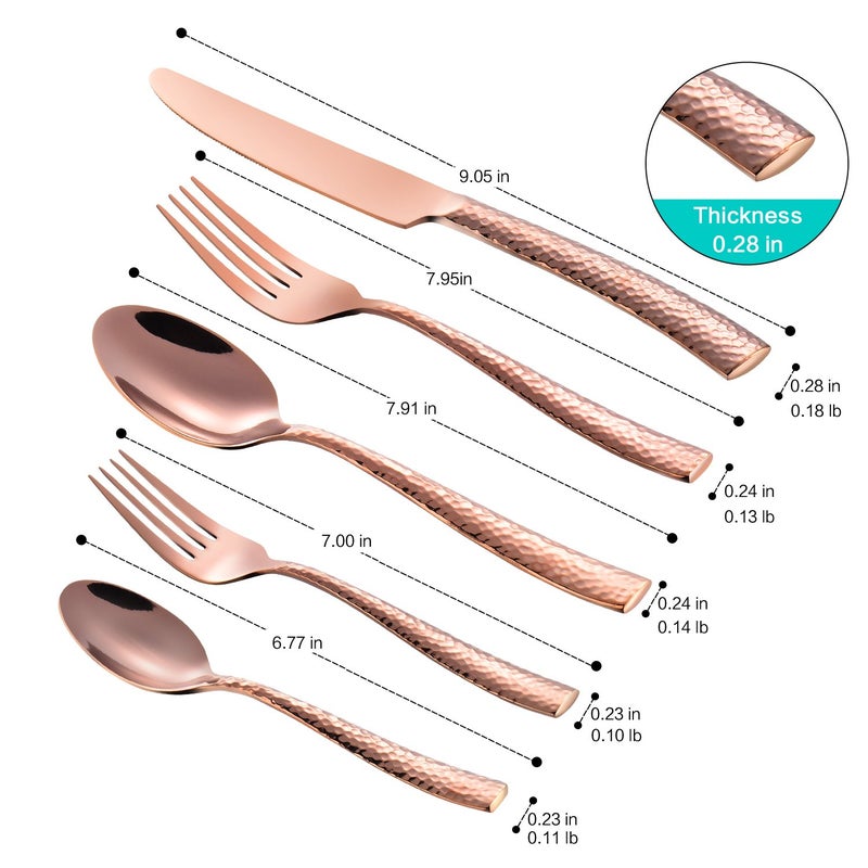Flatasy Silverware Rose Gold Hammered Heavy Flatware Set Cutlery Set Stainless Steel Mirror Finished Utensil 20 Pieces Spoons Forks and Knives Service for 4 - Image 2
